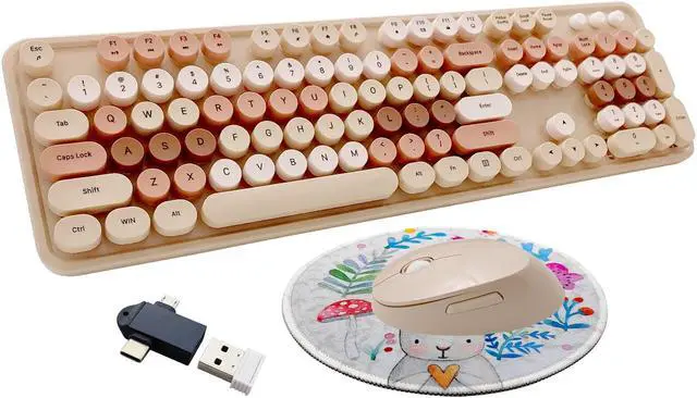 Main image of Seaciyan Wireless Keyboard and Mouse Combo, Ergonomic Cute Retro Typewriter Full Size Colorful USB Cordless Keyboard Mouse Set for Gaming and Office (Milk Tea)