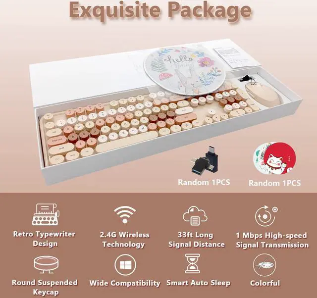 Alt view image 2 of 5 - Seaciyan Wireless Keyboard and Mouse Combo, Ergonomic Cute Retro Typewriter Full Size Colorful USB Cordless Keyboard Mouse Set for Gaming and Office (Milk Tea)