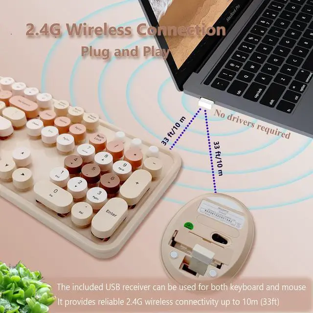 Alt view image 3 of 5 - Seaciyan Wireless Keyboard and Mouse Combo, Ergonomic Cute Retro Typewriter Full Size Colorful USB Cordless Keyboard Mouse Set for Gaming and Office (Milk Tea)