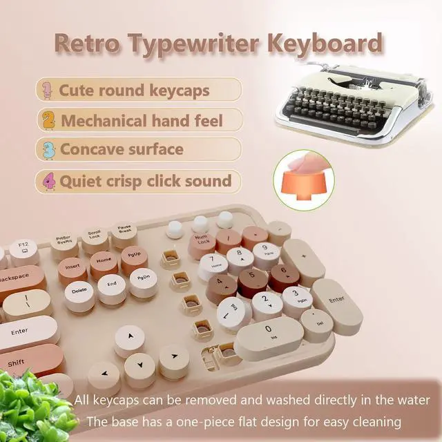 Alt view image 4 of 5 - Seaciyan Wireless Keyboard and Mouse Combo, Ergonomic Cute Retro Typewriter Full Size Colorful USB Cordless Keyboard Mouse Set for Gaming and Office (Milk Tea)