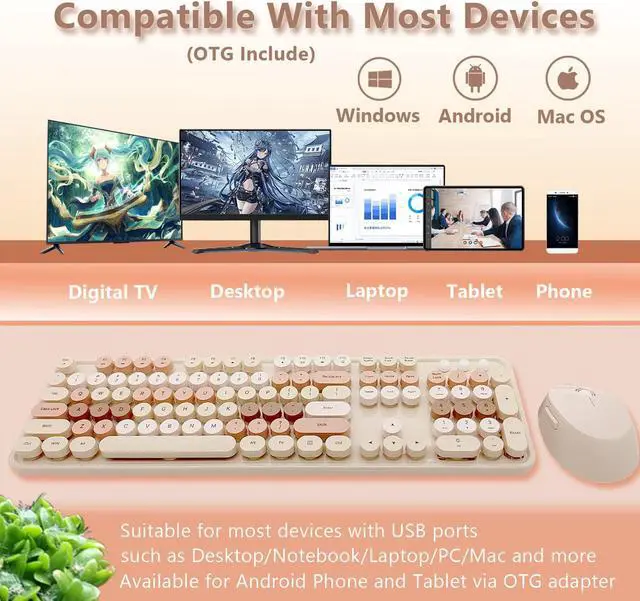 Alt view image 5 of 5 - Seaciyan Wireless Keyboard and Mouse Combo, Ergonomic Cute Retro Typewriter Full Size Colorful USB Cordless Keyboard Mouse Set for Gaming and Office (Milk Tea)