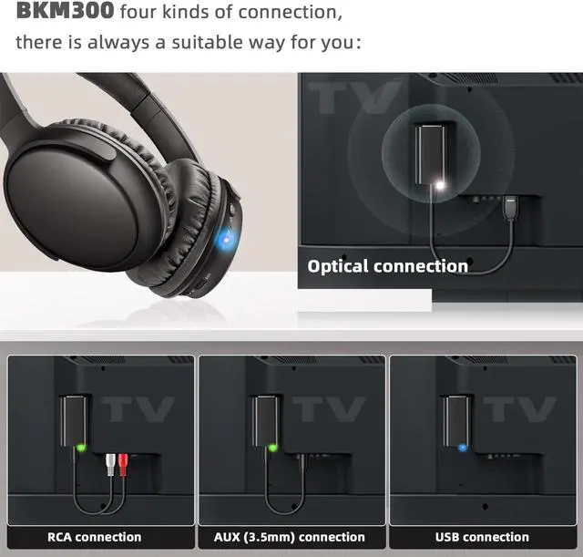 Alt view image 3 of 5 - makemate Wireless Headphones for TV - BKM300 Bluetooth TV Headphones Wireless with 4 Options Output(Optical, AUX, RCA and USB), 165FT Long Range, Higher Volume, 20Hrs, Plug & Play, No Delay
