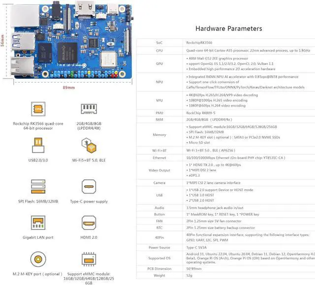 Alt view image 2 of 5 - Orange Pi 3B 8G V2.1 Version RK3566 Quad Core 64 Bit Single Board Computer, 1.8 GHz Frequency WiFi Bluetooth Open Source Board Run Orange Pi OS, Android, Debian, Ubuntu, OpenHarmony (Pi 3B 8GB)