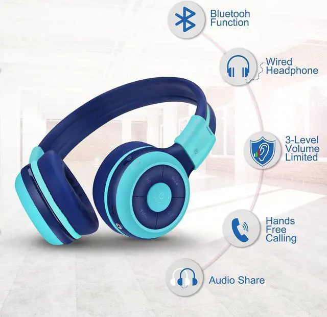 Alt view image 2 of 5 - SIMOLIO Kids Headphones Bluetooth 2 Pack with 75dB,85dB,94dB Volume Limit, Wireless Kids Headphone with Mic & Hard Case, Children Headphones with Share Jack for Girls Boys,Toddlers (Pink+Mint)