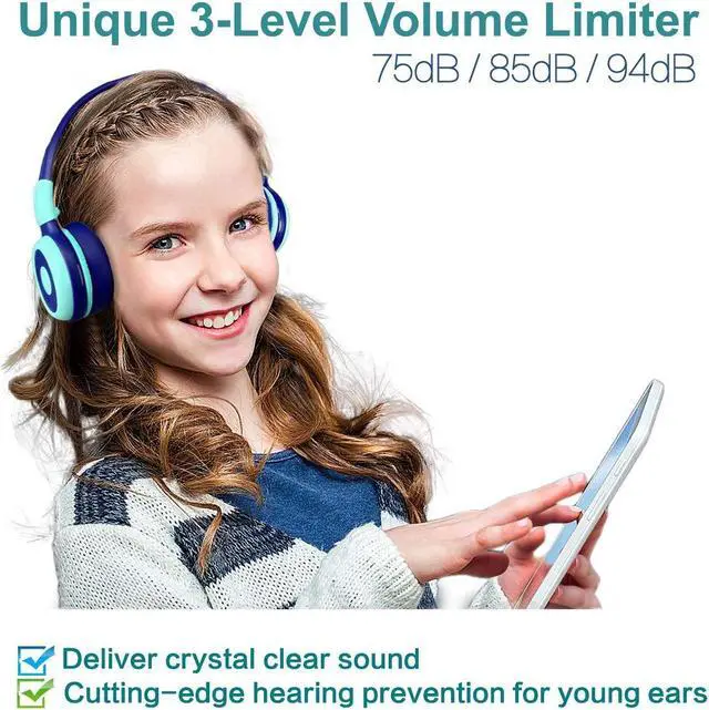 Alt view image 3 of 5 - SIMOLIO Kids Headphones Bluetooth 2 Pack with 75dB,85dB,94dB Volume Limit, Wireless Kids Headphone with Mic & Hard Case, Children Headphones with Share Jack for Girls Boys,Toddlers (Pink+Mint)