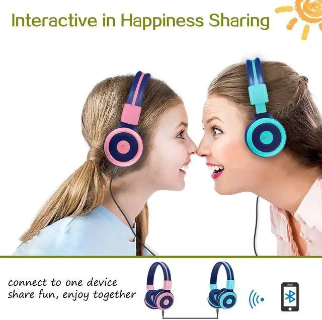 Alt view image 4 of 5 - SIMOLIO Kids Headphones Bluetooth 2 Pack with 75dB,85dB,94dB Volume Limit, Wireless Kids Headphone with Mic & Hard Case, Children Headphones with Share Jack for Girls Boys,Toddlers (Pink+Mint)