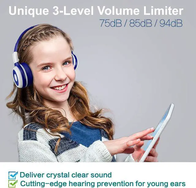Alt view image 3 of 5 - SIMOLIO Kids Headphones Bluetooth for Boys, Built-in Microphone and Share Port, Safe 75dB,85dB,94dB Volume Limited, Foldable and Adjustable, Wireless/Wired Headphones for Kids School Travel Grey