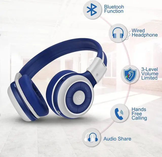 Alt view image 2 of 5 - SIMOLIO Kids Headphones Bluetooth for Boys, Built-in Microphone and Share Port, Safe 75dB,85dB,94dB Volume Limited, Foldable and Adjustable, Wireless/Wired Headphones for Kids School Travel Grey