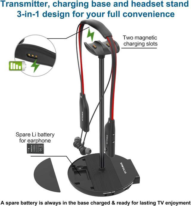 Alt view image 4 of 5 - SIMOLIO Dual Wireless Headphones for TV Watching with Transmitter/Charging Stand 2-in-1, Spare Battery & Dialog Mode & Balance Control for Seniors, Optical/RCA/AUX Compatible, Bypass to Soundbar
