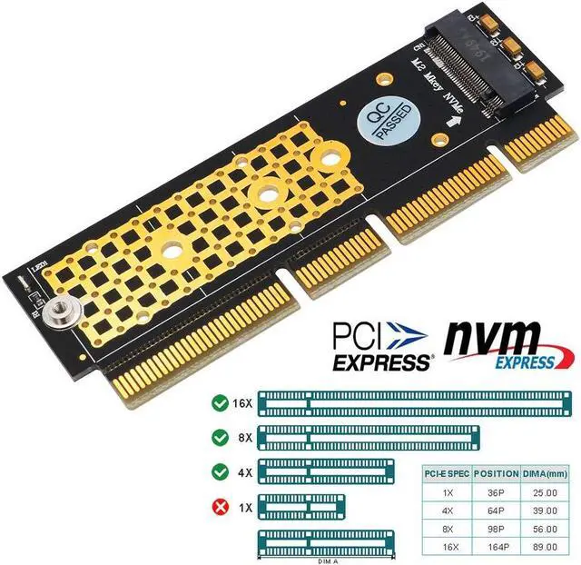 Alt view image 2 of 5 - M.2 NGFF NVMe SSD to PCIE 3.0 X16/X8/X4 Adapter with heatsink for 1U/2U Server and Low Profile PC