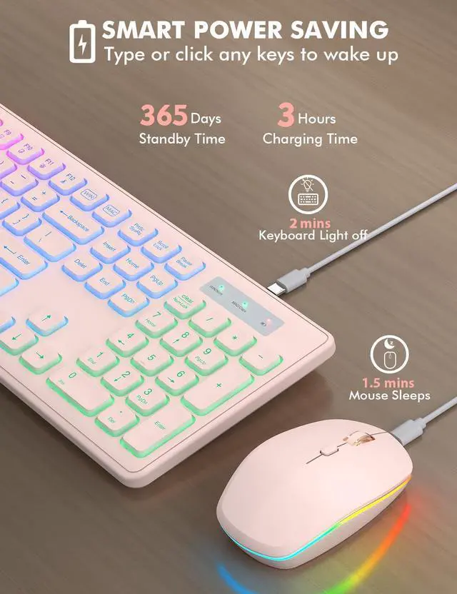 Alt view image 3 of 5 - Wireless Keyboard and Mouse Combo - RGB Backlit, Rechargeable & Light Up Letters, Full-Size, Ergonomic Tilt Angle, Sleep Mode, 2.4GHz Quiet Keyboard Mouse for Mac, Windows, Laptop, PC, Trueque, Pink