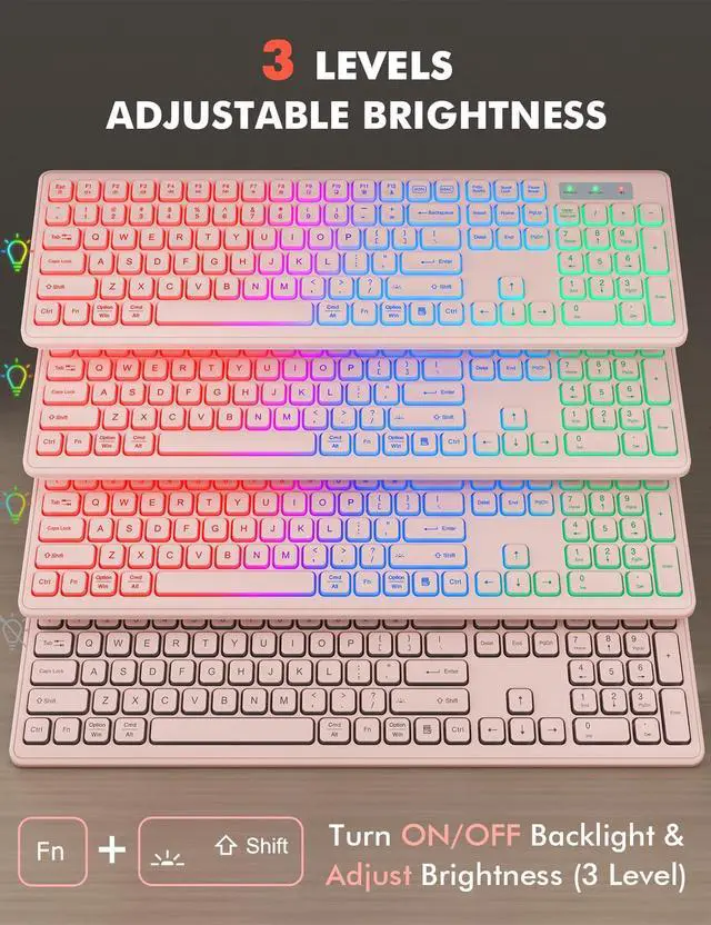 Alt view image 2 of 5 - Wireless Keyboard and Mouse Combo - RGB Backlit, Rechargeable & Light Up Letters, Full-Size, Ergonomic Tilt Angle, Sleep Mode, 2.4GHz Quiet Keyboard Mouse for Mac, Windows, Laptop, PC, Trueque, Pink