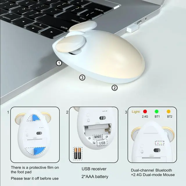 Alt view image 5 of 5 - UBOTIE Bluetooth Wireless Optical Mouse, Portable Wireress Bluetooth and USB Nano Connection Cute Rat Shape Colorful Gift Computer Mouse for Laptop PC Tablet Smart Phones(Tea)