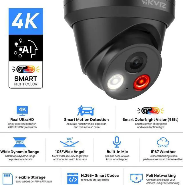 Alt view image 2 of 5 - 8MP PoE IP Camera Outdoor Indoor,4K Smart Dual Light Turret Camera,Human/Vehicle Detection,Hybrid Color Night Vision,Bulit-in Mic,Full Metal Housing,2.8mm Lens 105degWide Angle,IP67,ON-VIF (Black)
