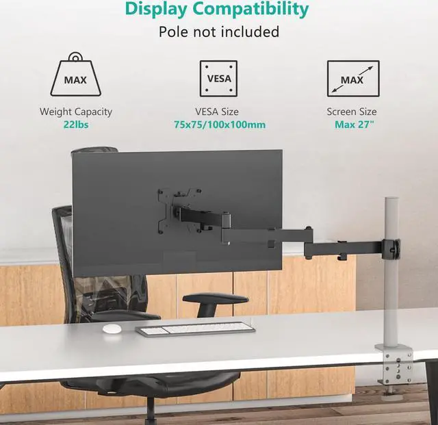 Alt view image 2 of 5 - WALI Single Monitor Arm, Universal 3 Tier Arm Fully Adjustable Pole Mount Bracket for WALI Monitor Mounting System (001ARMXL), Black
