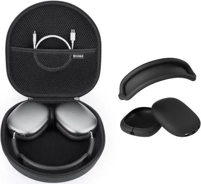 Main image of Yinke Smart Case for AirPods Max Supports Sleep Mode, with AirPods Max Headband Silicone Cover Ear Pad/Headband Cover, Hard Organizer Portable Carry Travel Bag (Black Combo Set)