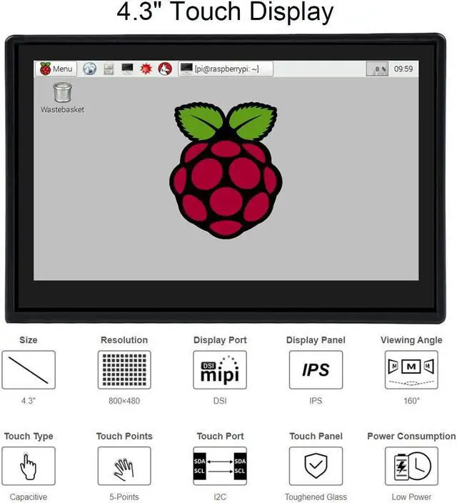 Alt view image 2 of 5 - 4.3inch DSI LCD Display with Case for Raspberry Pi 4B, 800x480 Capacitive Touchscreen MIPI DSI Interface IPS Wide Angle, Supports Raspbian/Ubuntu/Kali / WIN10 IoT/Retropie, Driver Free