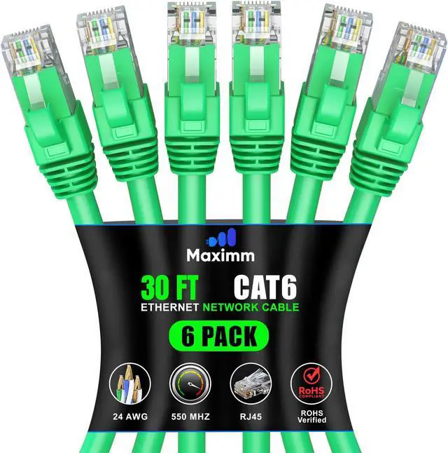 Main image of Maximm Cat 6 Ethernet Cable 30 ft (6-Pack) - High-Speed LAN Cable, Internet Cable, Patch Cable, and Network Cable - UTP, 10Gbps, 550MHz Ethernet Cord - Green