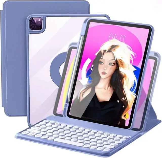 Main image of AnMengXinLing Keyboard Case for iPad Air 11 inch 2025(M3)/2024(M2)/Air 5/Air 4, Vertical Case for iPad Pro 11 with Keyboard and Pencil Holder, Magnetic Rotating Detachable Clear Back (Lavender Gray)