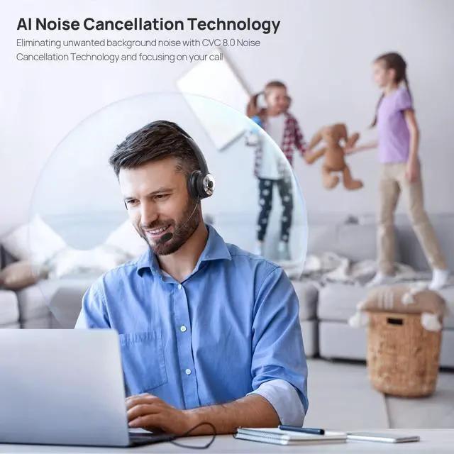 Alt view image 2 of 5 - LEVN Bluetooth Headset, Wireless Headset with Microphone & Mute Button, 60Hrs Talk Time, On-Ear AI Noise Cancelling Headphones with Bluetooth 5.2 Multipoint for Trucker/Remote Work/Online Class/Zoom