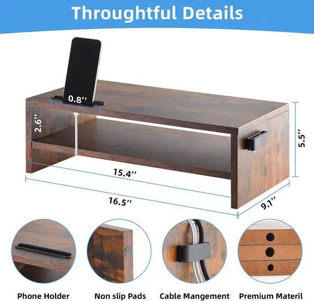 Alt view image 2 of 5 - Marbrasse 16.5 Inch Monitor Stand, 2 Tier Computer Monitor Riser with Printer Shelf, Laptop Computer Screen Storage, Desktop Stand - Phone Holder & Cable Management (Vintage)