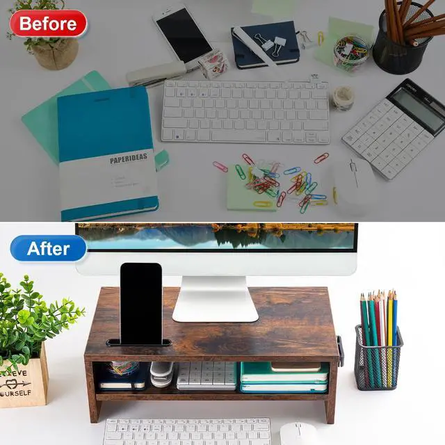 Alt view image 5 of 5 - Marbrasse 16.5 Inch Monitor Stand, 2 Tier Computer Monitor Riser with Printer Shelf, Laptop Computer Screen Storage, Desktop Stand - Phone Holder & Cable Management (Vintage)
