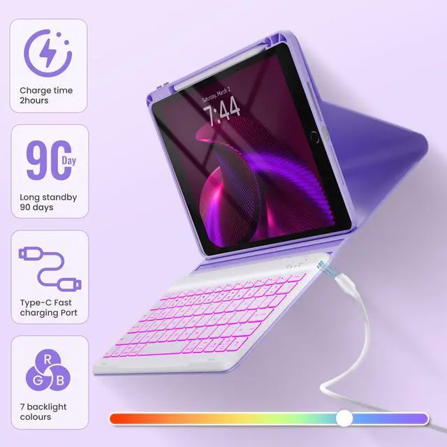 Alt view image 4 of 5 - OYEEICE Keyboard Case for iPad 9th Generation - Detachable Wireless Backlit Keyboard, Magnetic Cover with Pencil Holder for iPad 9th/8th/7th Gen 10.2 inch, iPad Pro 10.5" & iPad Air 3rd - Purple