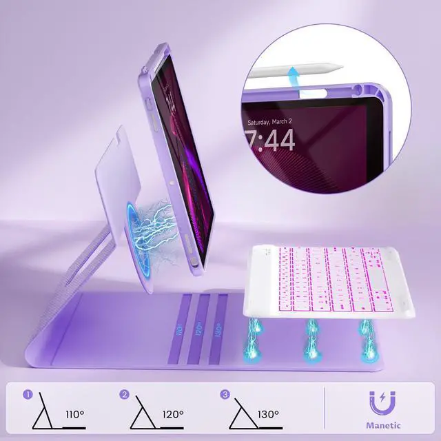 Alt view image 5 of 5 - OYEEICE Keyboard Case for iPad 9th Generation - Detachable Wireless Backlit Keyboard, Magnetic Cover with Pencil Holder for iPad 9th/8th/7th Gen 10.2 inch, iPad Pro 10.5" & iPad Air 3rd - Purple