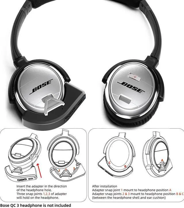 Alt view image 3 of 5 - Bluetooth Adapter for Bose QC3 and Wireless Adapter for Bose QC15 Headphones