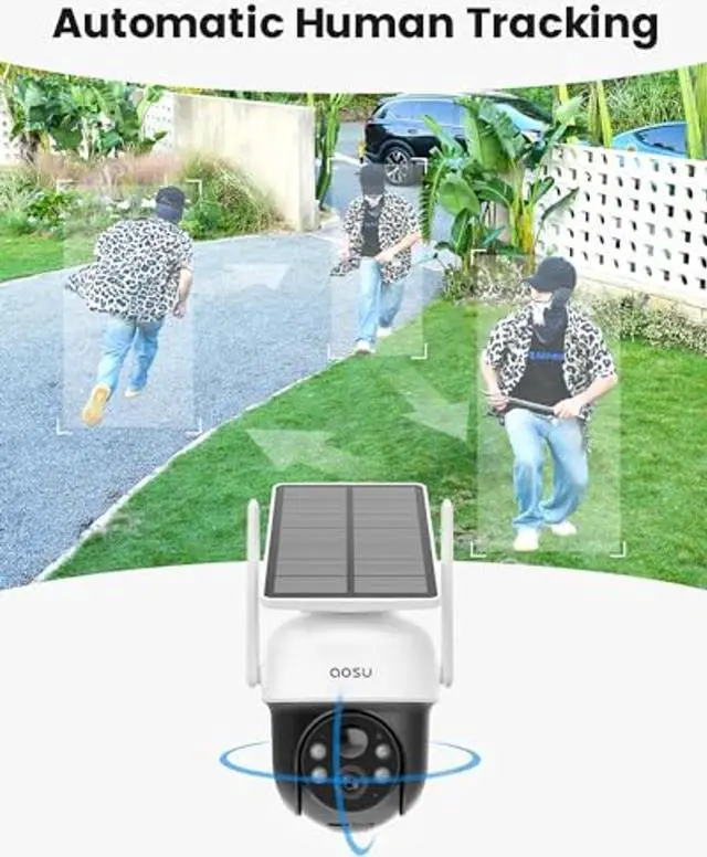 Alt view image 3 of 5 - AOSU Solar Camera Security Outdoor - 100% Wire-Free Security Cameras Wireless Outdoor for Home Surveillance with Fixed Solar Panel, 360deg Panoramic View, Human Auto Tracking, 2K Color Night Vision