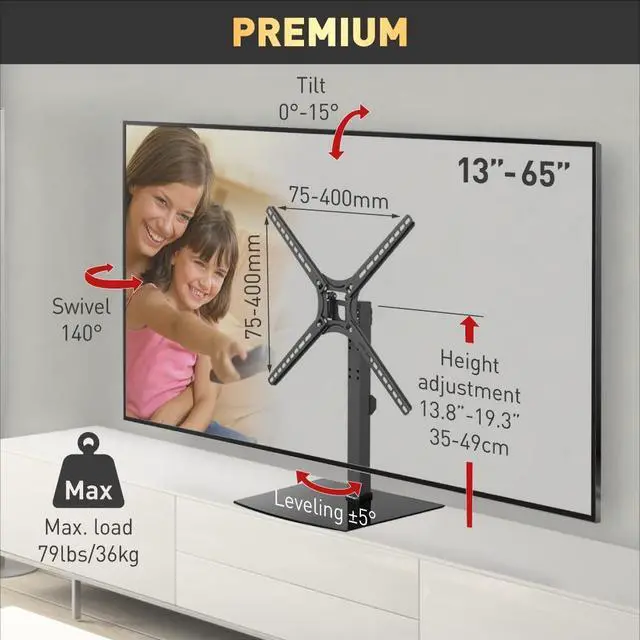 Alt view image 2 of 5 - Barkan Tabletop TV Mount, 13-65 inch Swivel & Tilt Flat/Curved TV Stand Base, Holds Up to 36kg, Patented, Tempered Glass, Fits LED OLED LCD