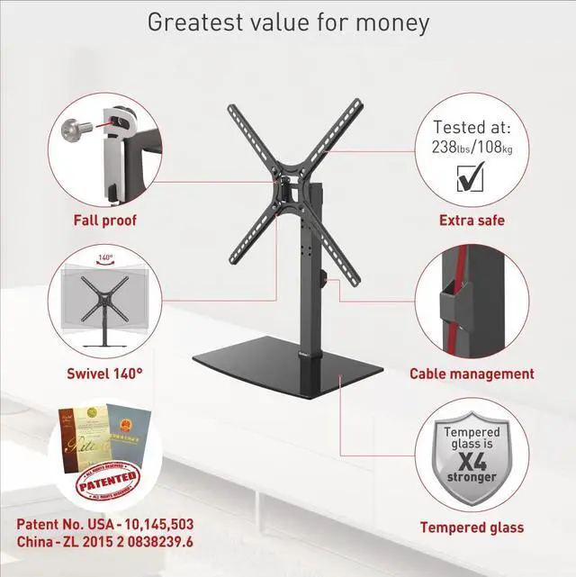 Alt view image 3 of 5 - Barkan Tabletop TV Mount, 13-65 inch Swivel & Tilt Flat/Curved TV Stand Base, Holds Up to 36kg, Patented, Tempered Glass, Fits LED OLED LCD