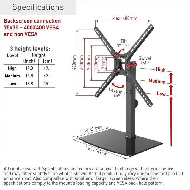 Alt view image 4 of 5 - Barkan Tabletop TV Mount, 13-65 inch Swivel & Tilt Flat/Curved TV Stand Base, Holds Up to 36kg, Patented, Tempered Glass, Fits LED OLED LCD