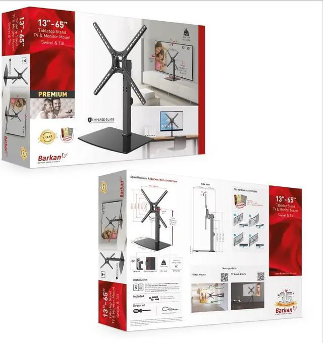 Alt view image 5 of 5 - Barkan Tabletop TV Mount, 13-65 inch Swivel & Tilt Flat/Curved TV Stand Base, Holds Up to 36kg, Patented, Tempered Glass, Fits LED OLED LCD