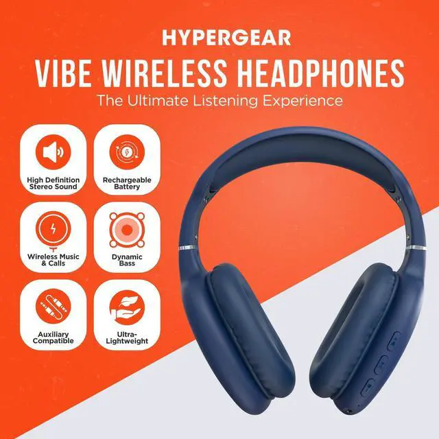 Alt view image 2 of 5 - HyperGear Vibe Bluetooth Wireless Headphones - Over-Ear Wireless Headphones with Noise Isolating Fit, Built-in Mic & Controls, Memory Foam Ear Cups for Travel, Home Office, Gym & More - Blue