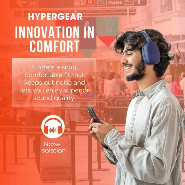 Alt view image 5 of 5 - HyperGear Vibe Bluetooth Wireless Headphones - Over-Ear Wireless Headphones with Noise Isolating Fit, Built-in Mic & Controls, Memory Foam Ear Cups for Travel, Home Office, Gym & More - Blue