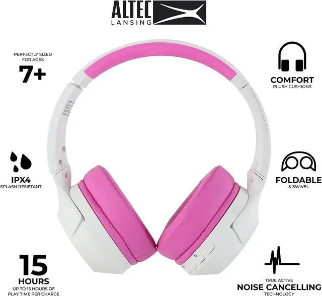 Alt view image 2 of 5 - Altec Lansing Kid Safe Noise Cancelling Wireless Headphones 15H Battery, 85dB Volume Limit, Foldable Design Powerful Sound, Active Noise Cancellation Perfect for Kids Ages 7+ (Whiteout Pop Pink)