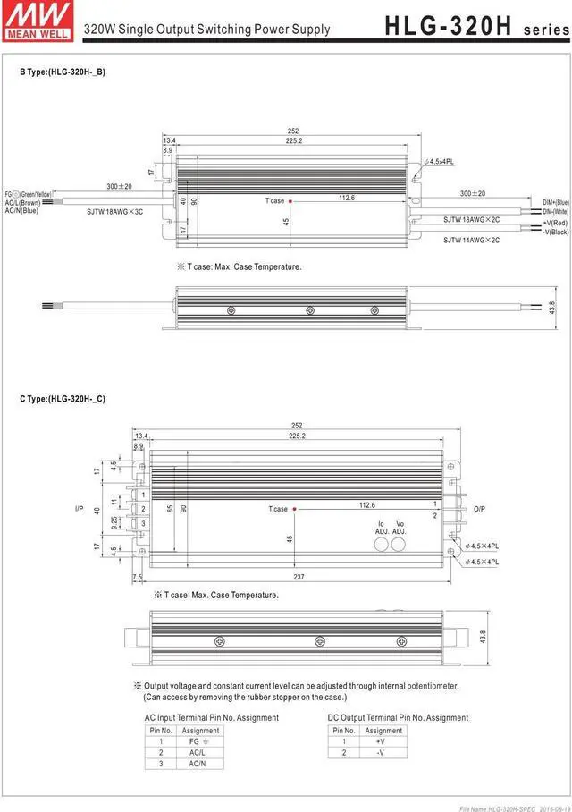 Alt view image 4 of 5 - Mean Well HLG-320H-24 Power Supply, Switching, Single Output, 320 W, 24V at 13.3 A, 8.86" L x 2.67" W x 1.52" H