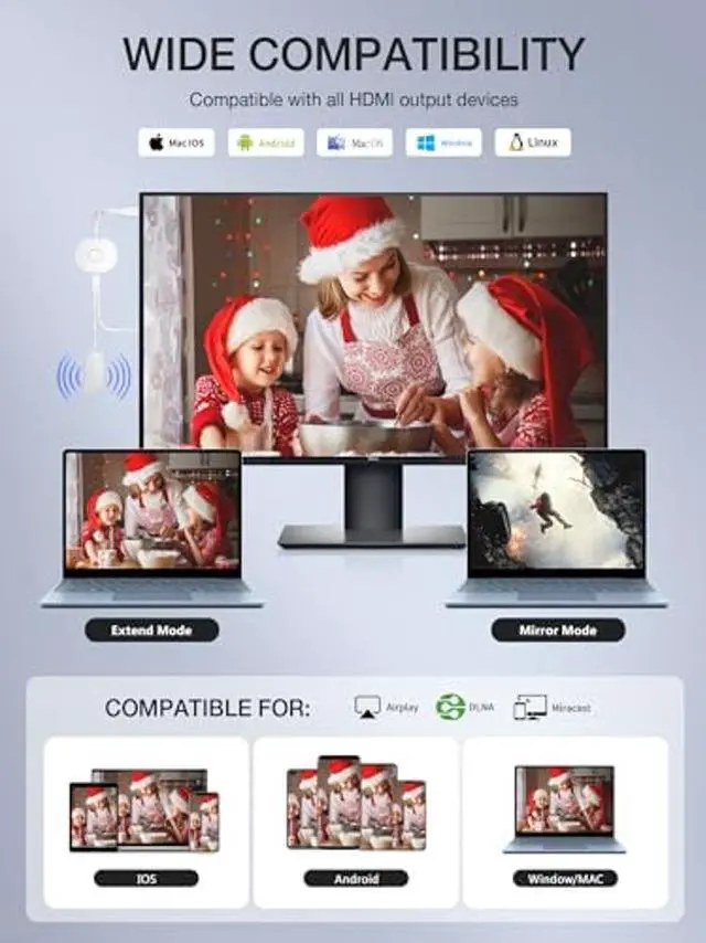 Alt view image 2 of 5 - 4K Wireless HDMI Display Dongle Adapter, TIMBOOTECH Miracast Adapter Streaming YouTube Video/Audio Receiver for iPhone/iPad/iOS/Android/Mac/Laptop/PC to TV/Projector/Monitor - Miracast, DLNA, Airplay