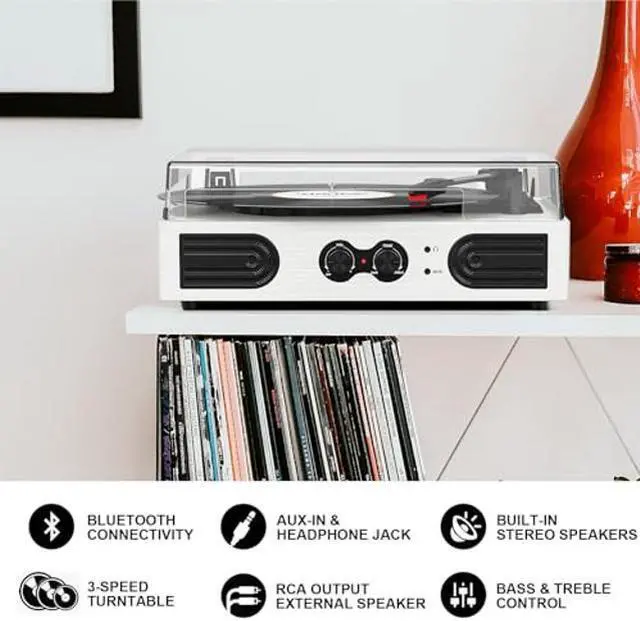Alt view image 2 of 5 - Vinyl Record Player with Built-in Stereo Speakers and Bass Adjust, Vintage 3-Speed Portable LP Turntable with Upgraded Audio Sound, Bluetooth Input, RCA/AUX/Headphone Jack, White Wood