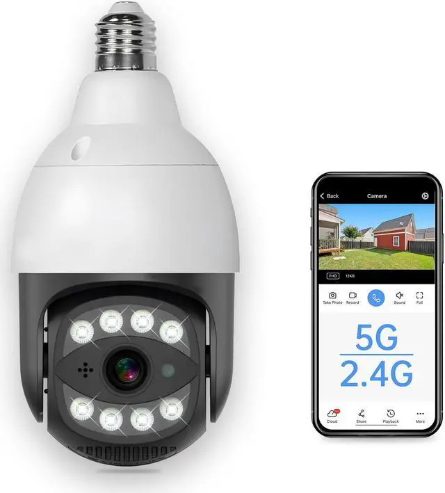 SECUEYE Bulb Camera 4MP Dual-Band WiFi 5GHz Outdoor Security  Pan/Tilt/Zoom Automatic Tracking Color Night Human Detection 2-Way Audio  24/7