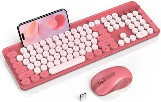 Main image of Wireless Keyboard and Mouse Combo, Retro Round Keycap Typewriter Keyboard with Phone/Tablet Holder, Cute Colorful Keyboard for Computer/Laptop/Windows/Mac by SABLUTE, Pink