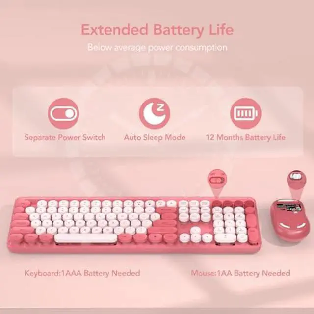 Alt view image 4 of 5 - Wireless Keyboard and Mouse Combo, Retro Round Keycap Typewriter Keyboard with Phone/Tablet Holder, Cute Colorful Keyboard for Computer/Laptop/Windows/Mac by SABLUTE, Pink