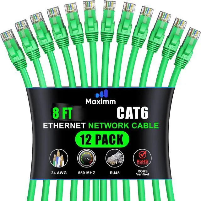 Main image of Maximm Cat 6 Ethernet Cable 8 Ft (12-Pack) - High-Speed LAN, Internet, Patch, and Network Cord - UTP, 10Gbps, 550MHz - Green
