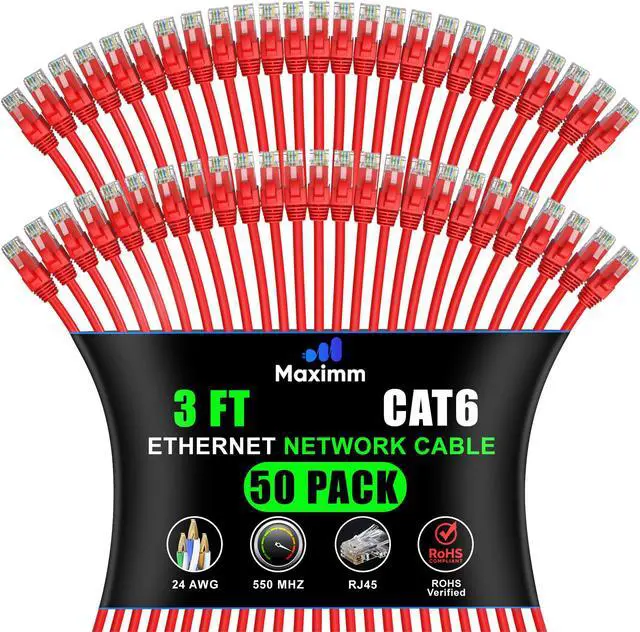Main image of Maximm Cat 6 Ethernet Cable 3 ft (50-Pack) - High-Speed LAN, Internet, Patch, and Network Cord - UTP, 10Gbps, 550MHz - Red