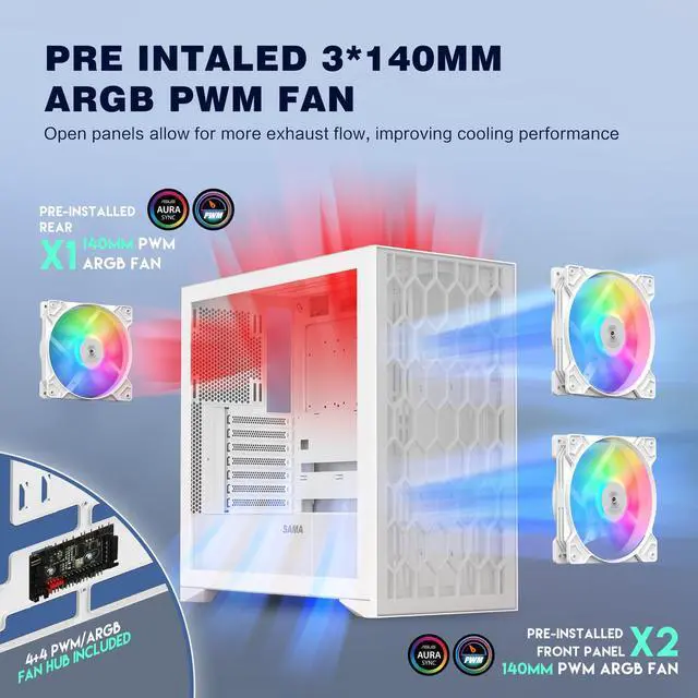 Alt view image 4 of 5 - SAMA V Mesh Mid Tower PC Case - High Airflow PC Gaming Case Mesh Front Panel & Tempered Glass Side Panel, 3x140mm ARGB PWM Fans Pre-Installed, Supports ATX/M-ATX/ITX - White