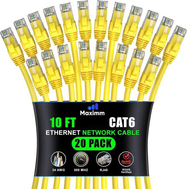 Main image of Maximm Cat 6 Ethernet Cable 10 ft (20-Pack) - High-Speed LAN Cable, Internet Cable, Patch Cable, and Network Cable - UTP, 10Gbps, 550MHz Ethernet Cord - Yellow
