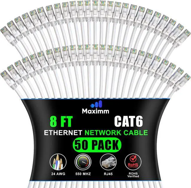 Main image of Maximm Cat 6 Ethernet Cable - 8 ft (50-Pack) - High-Speed LAN, Internet, Patch, and Network Cable - UTP, 10Gbps, 550MHz Ethernet Cord - White