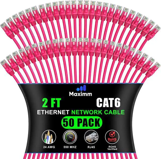 Main image of Maximm Cat 6 Ethernet Cable - 2 ft (50-Pack) - High-Speed LAN, Internet, Patch, and Network Cable - UTP, 10Gbps, 550MHz Ethernet Cord - Pink