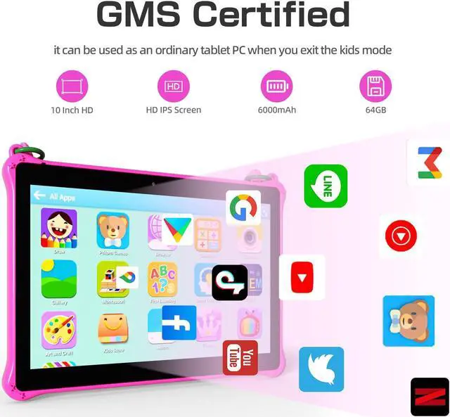 Alt view image 3 of 5 - PRITOM 10 inch Kids Tablet Android 13 Tablets with Lanyard 64GB, Quad-Core, HD IPS Display, WiFi, Dual Camera, Toddler Tablet for Kids Age 3+ (Pink)